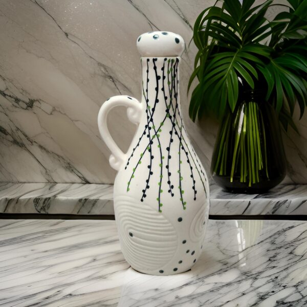 Leafy lines printed white ceramic oil dispenser bottle, 1000 ml, with handle, for kitchen use