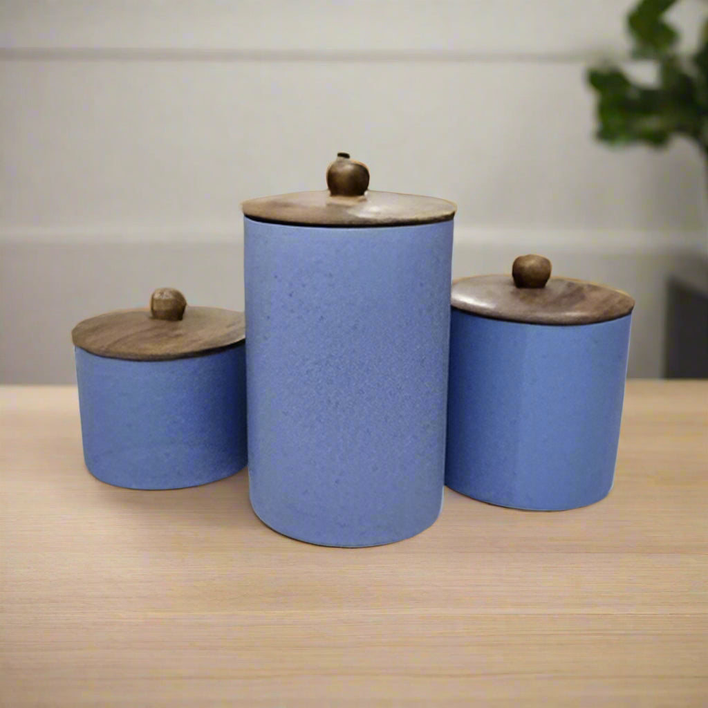 Blue ceramic jar set with airtight wooden lids, 1000ml, 500ml, 300ml, for storing pickles, oils, ghee, sauces and kitchen spices