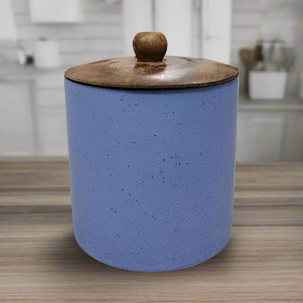 Blue ceramic jar set with airtight wooden lids, 1000ml, 500ml, 300ml, for storing pickles, oils, ghee, sauces and kitchen spices