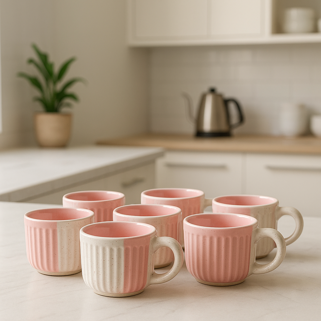 Ceramic Tea and Coffee Cup Set – 6 Piece Pack (125 ml Each) (White-Pink Striped)