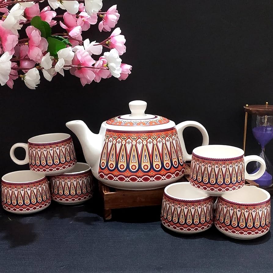 Hand Painted Ceramic Set | 6 Cups & Kettle Pot | Red & White | Gift Ready Packaging
