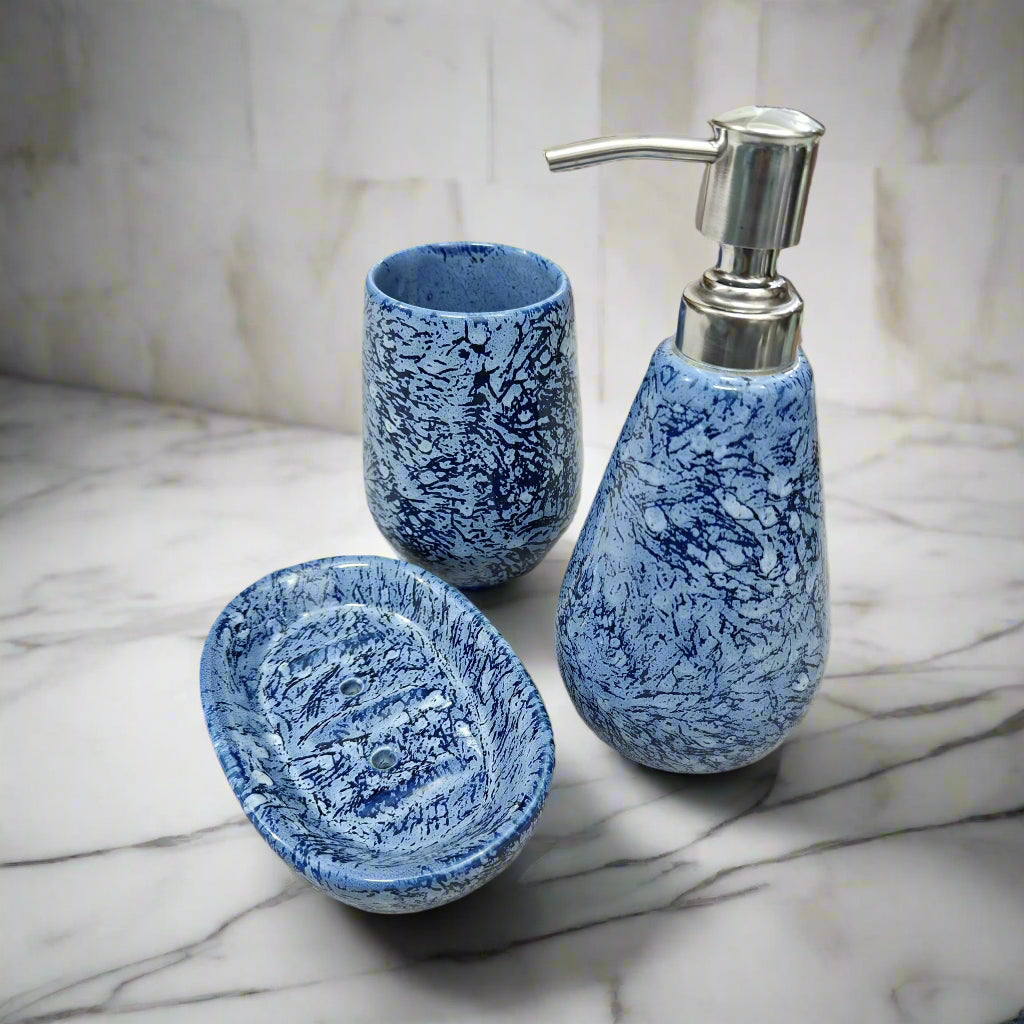 Blue black printed ceramic bathroom set with soap dispenser, toothbrush holder, and bowl
