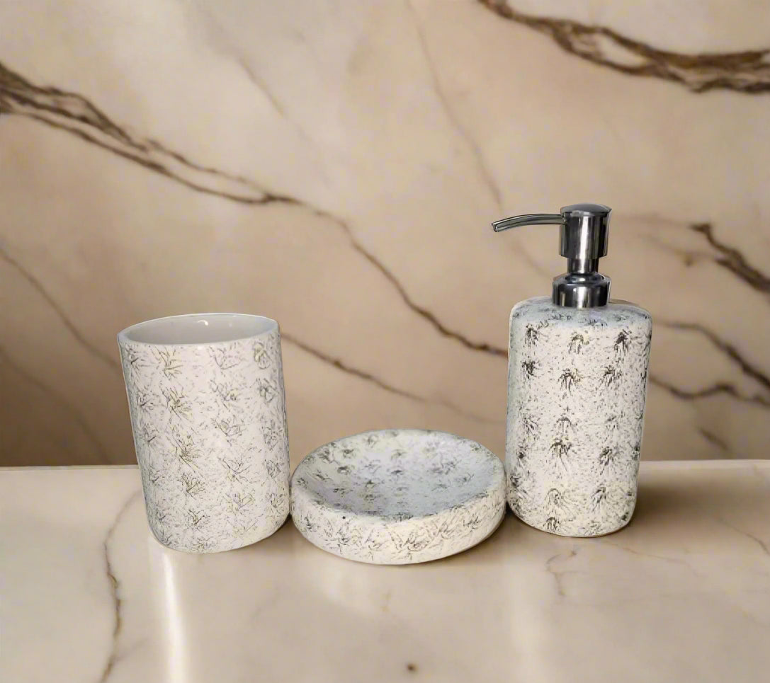 White grass embrossed ceramic set of bathroom tility kit with soap dispenser, soap tray and toothbrush holder