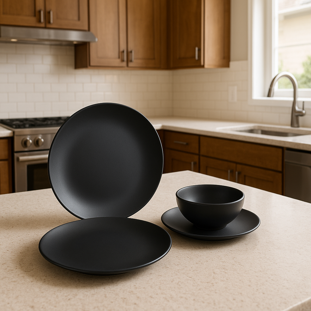 18-piece black ceramic matte finish dinnerware set with plates and bowls