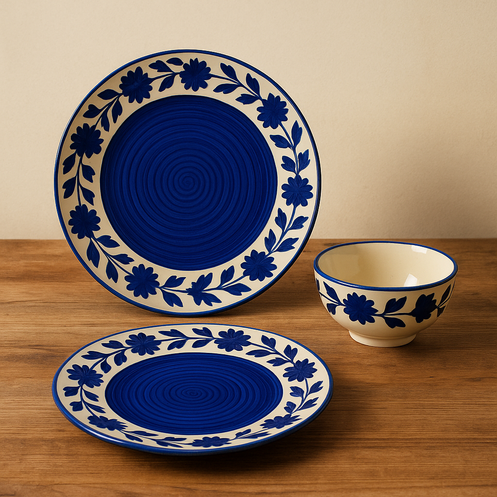 Set of blue floral-patterned ceramic plates and bowl dinnerset on a wooden surface with a beige background
