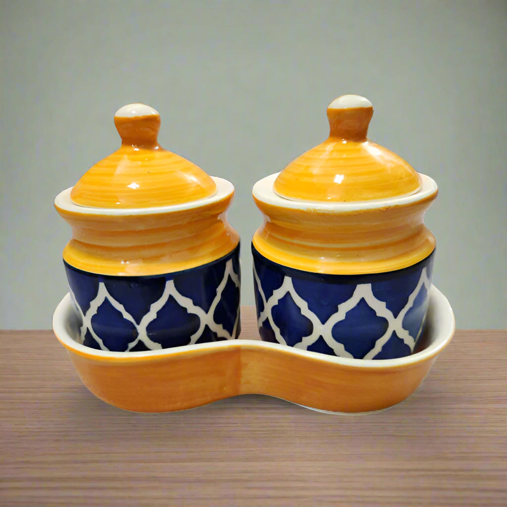 Ceramic mini jar set with lids, spoons, and tray, pack of 2 (250g each), for serving pickles, chutneys, spices and condiments