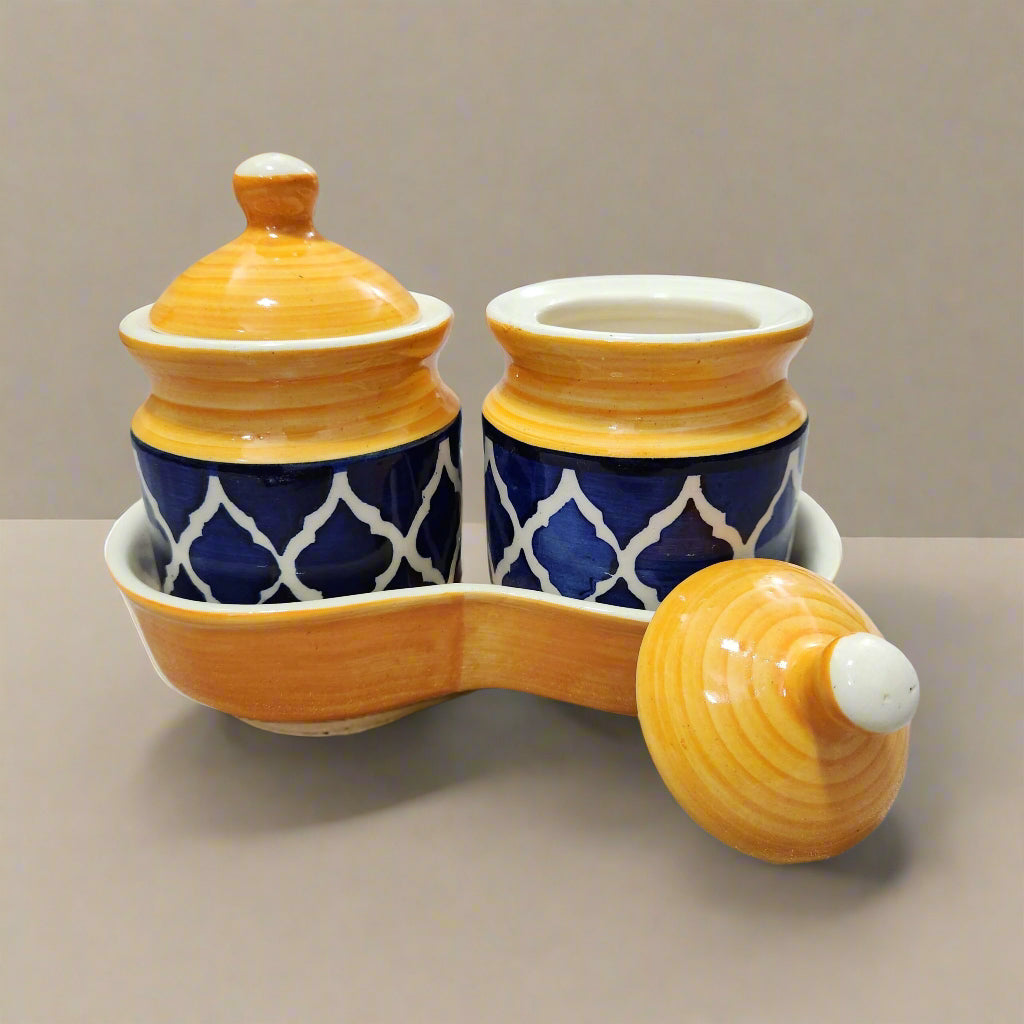 Ceramic mini jar set with lids, spoons, and tray, pack of 2 (250g each), for serving pickles, chutneys, spices and condiments
