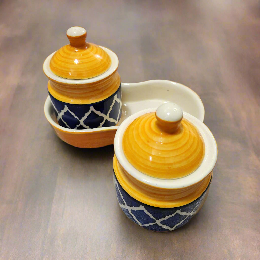 Ceramic mini jar set with lids, spoons, and tray, pack of 2 (250g each), for serving pickles, chutneys, spices and condiments