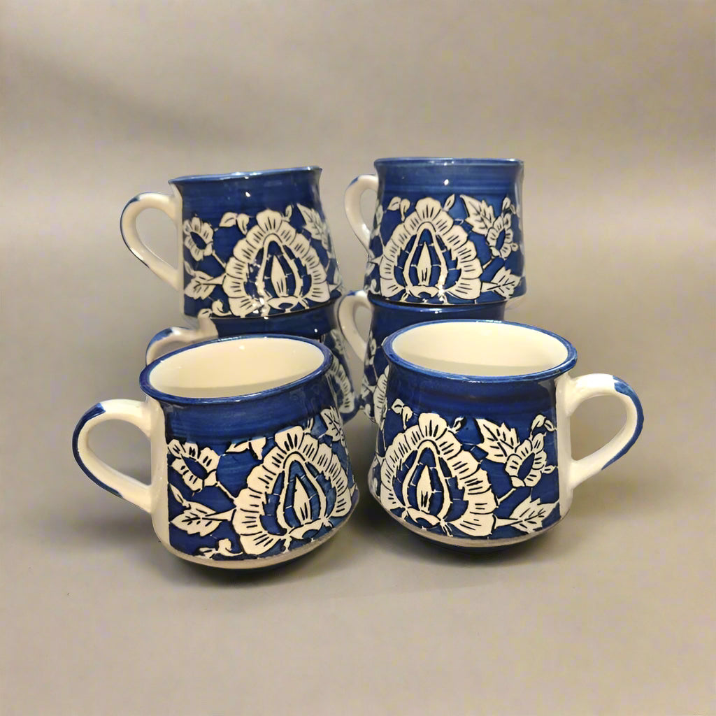 Blue Mughal ceramic tea and coffee cup set, 6-piece, 125ml each, with traditional floral design