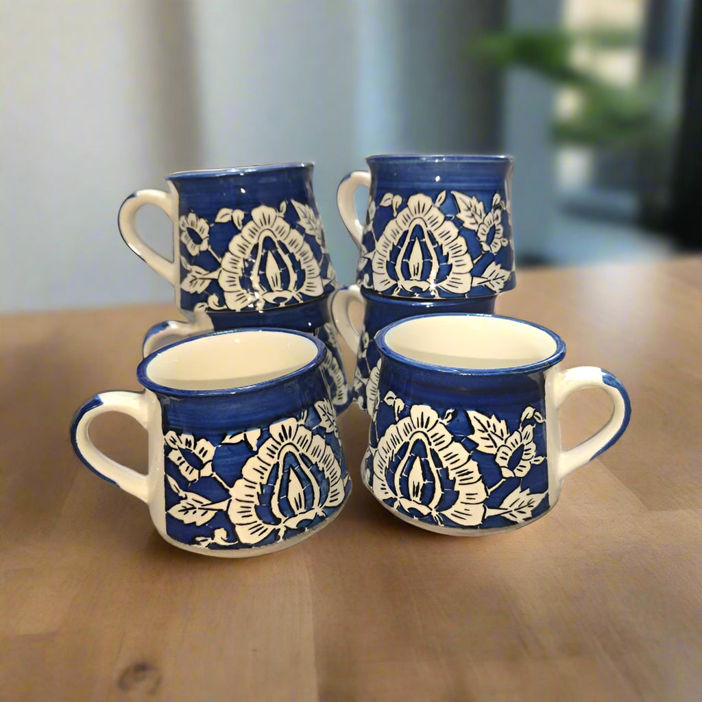 Blue Mughal ceramic tea and coffee cup set, 6-piece, 125ml each, with traditional floral design