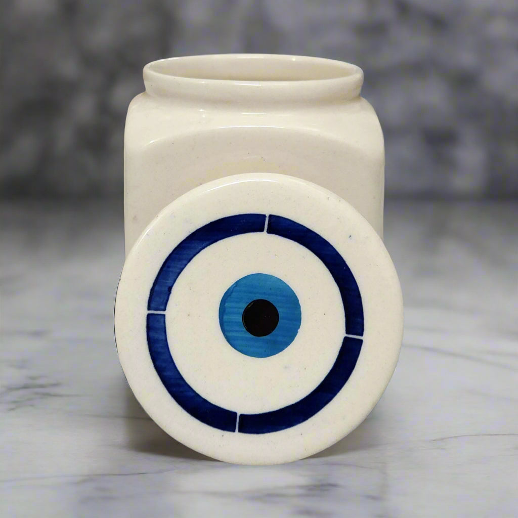 White Ceramic evil eye airtight storage jar with wooden lid, 500ml, for storing tea, coffee, sugar, dry fruits and snacks in kitchen