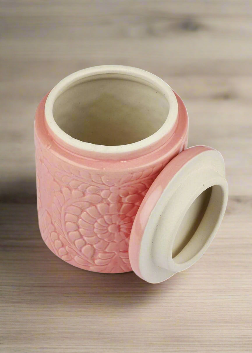 Set of two pink ceramic pickle jars with embroidered design and airtight wooden lids, 1000ml kitchen storage containers