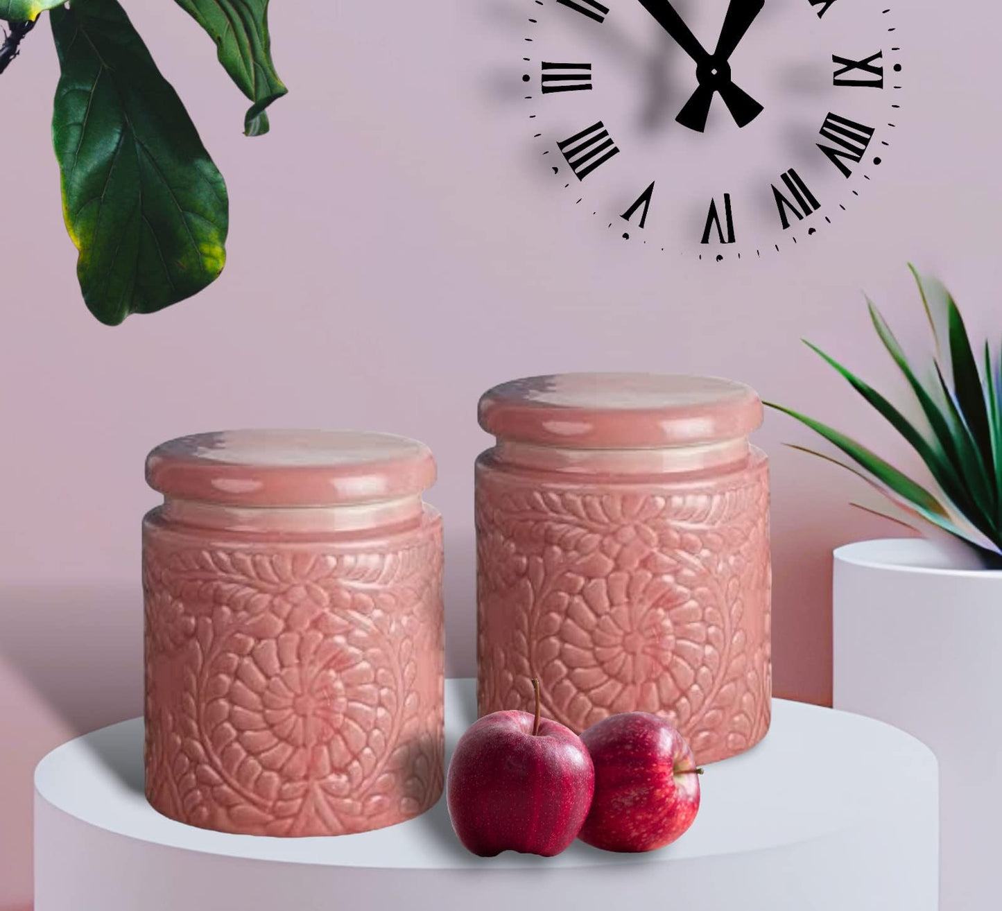 Set of 2 Pink Embroidered Ceramic pickle Jars with Airtight Lids – 1000ML Each