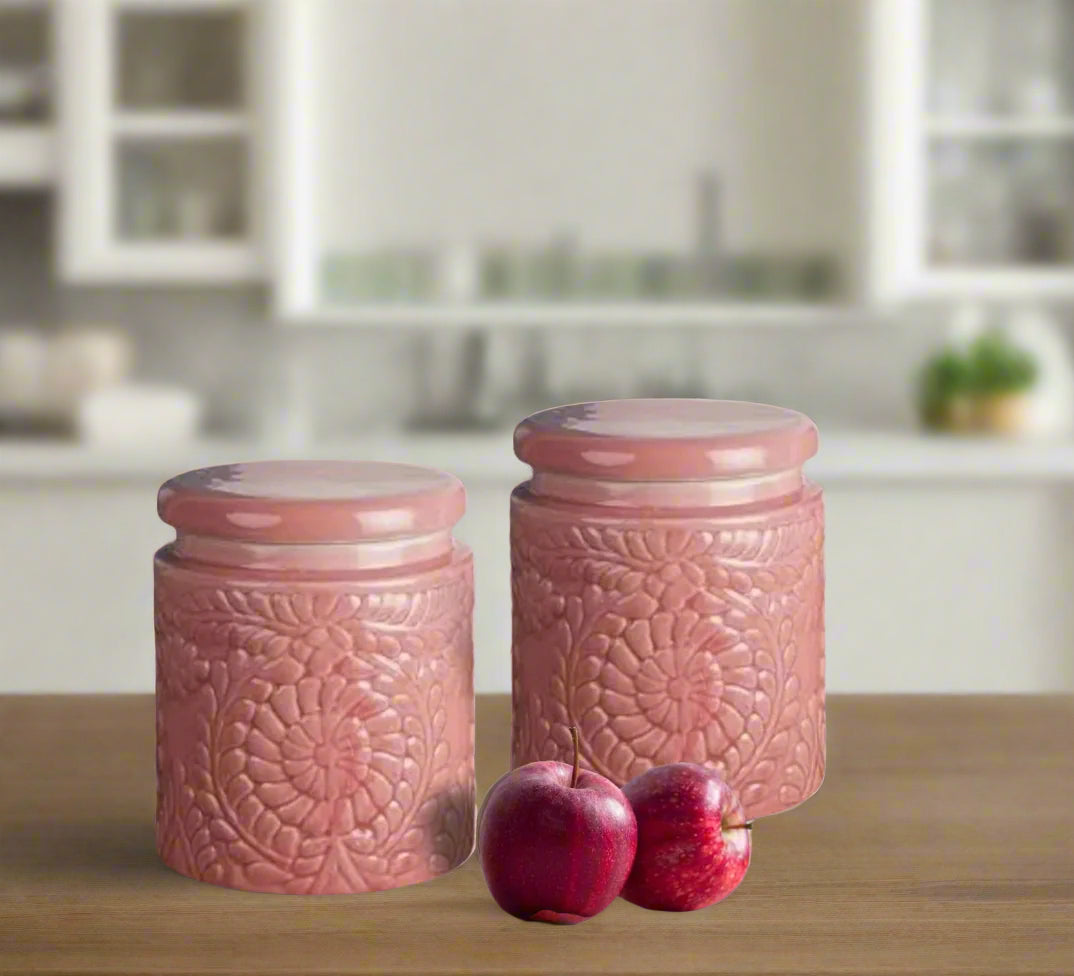 Set of two pink ceramic pickle jars with embroidered design and airtight wooden lids, 1000ml kitchen storage containers