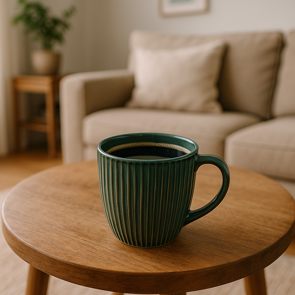 A 250 ml ceramic coffee mug set with a green striped design and a large, comfortable handle