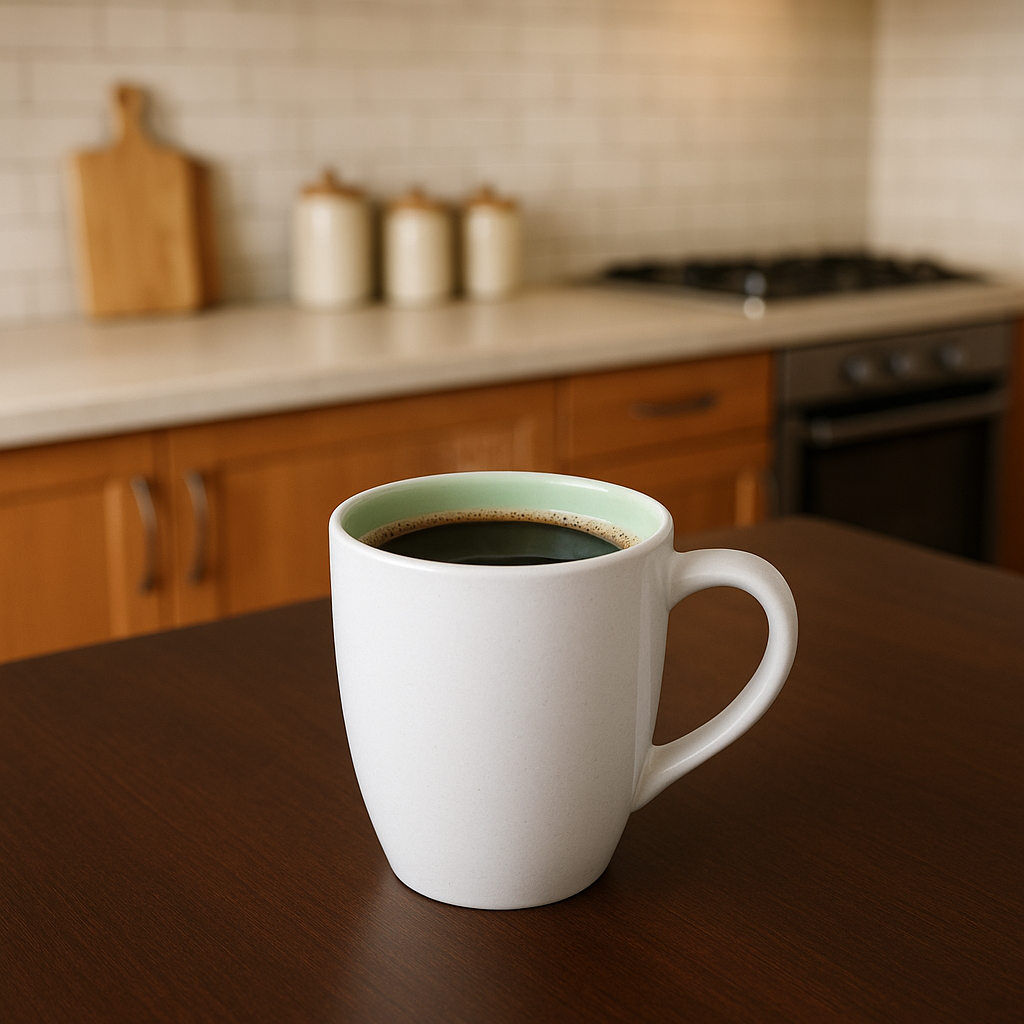 Two plain white and green ceramic cups, 250 ml each, ideal for gifting.