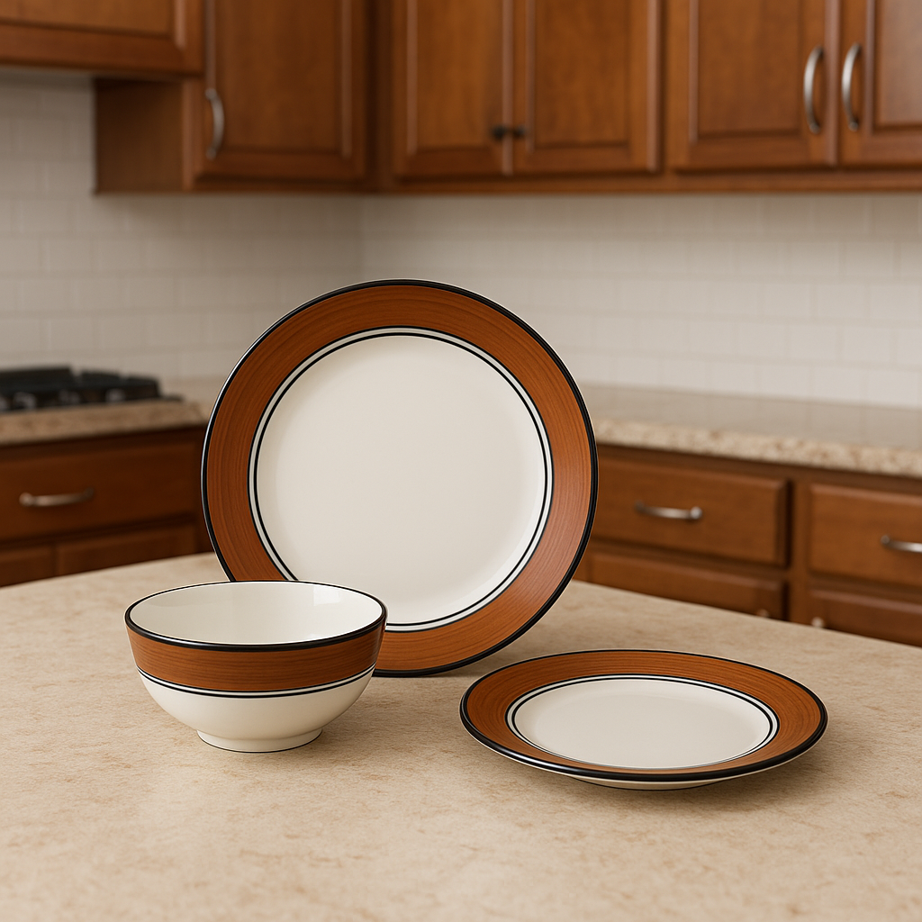 Elegant 18-piece glossy white and brown ceramic dinnerware set with plates and bowls