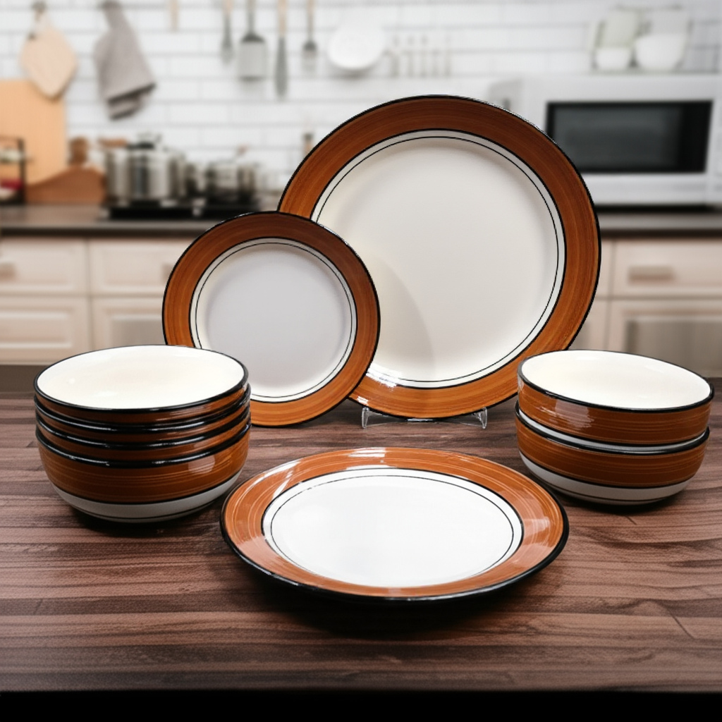 Elegant 18-piece glossy white and brown ceramic dinnerware set with plates and bowls