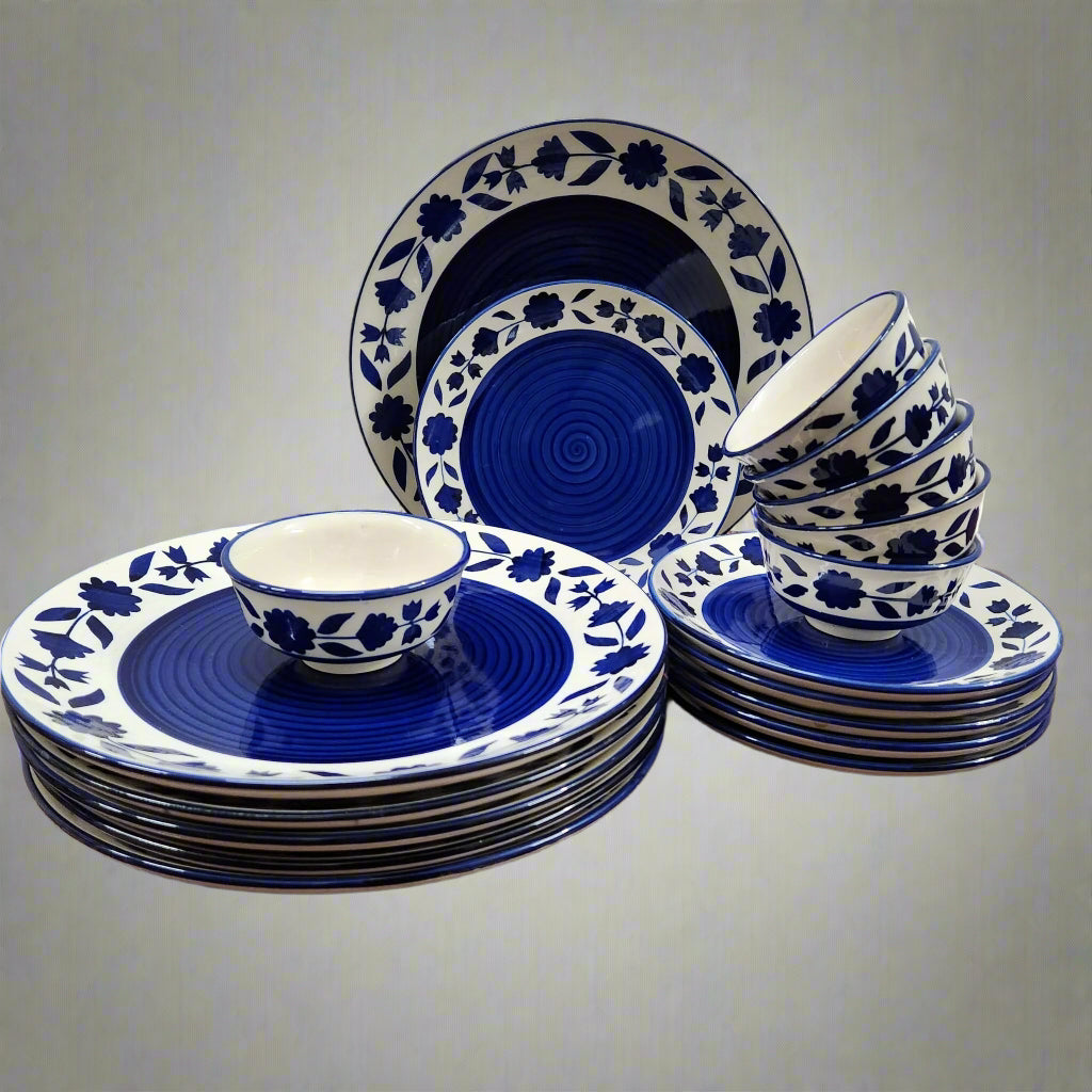 Handcrafted blue and white ceramic dinnerware 18-piece set with plates and bowls