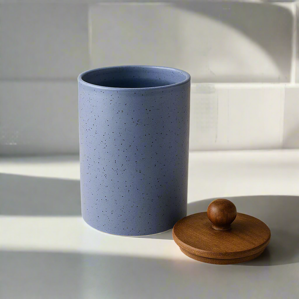 Blue ceramic kitchen storage jar with airtight wooden lid, 1000ML capacity for tea, coffee, sugar, and snacks