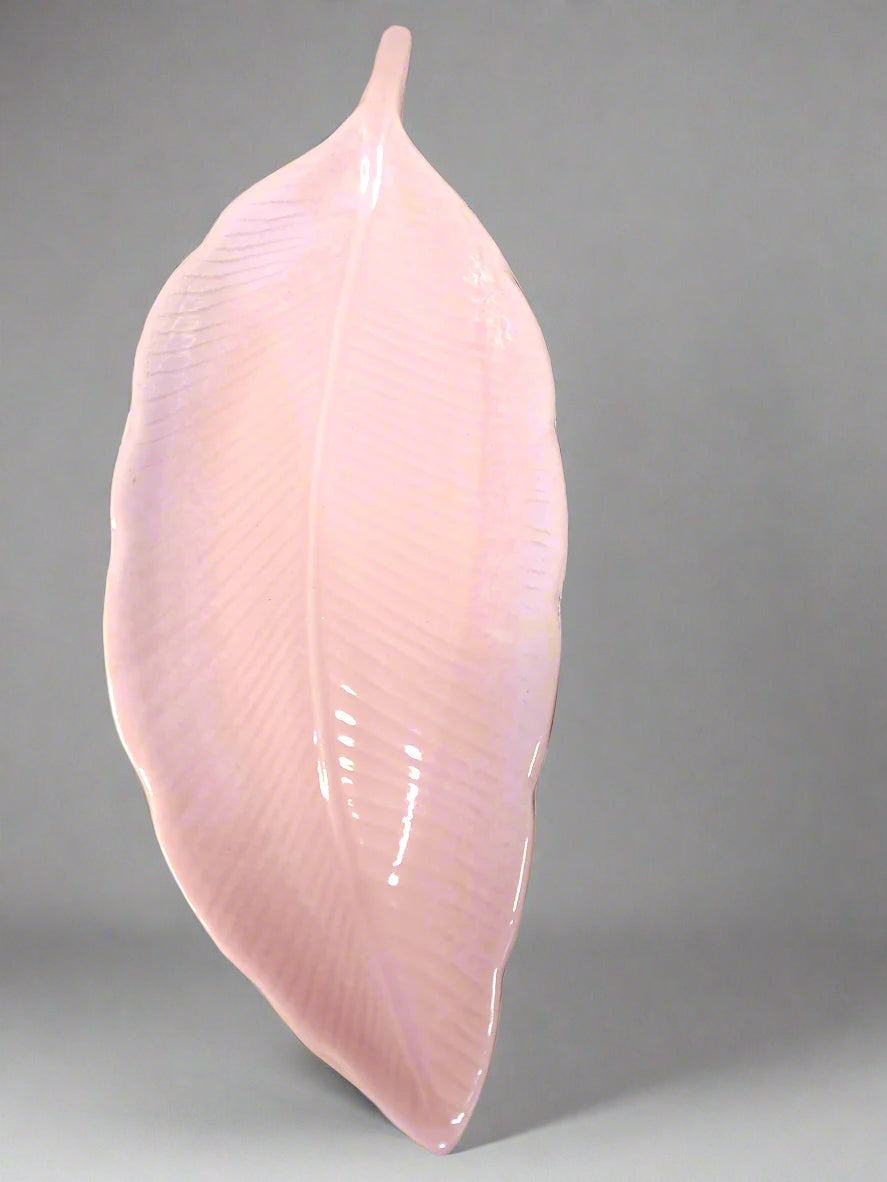 Long leaf pink ceramic serving platter for snacks, sweets, and starters