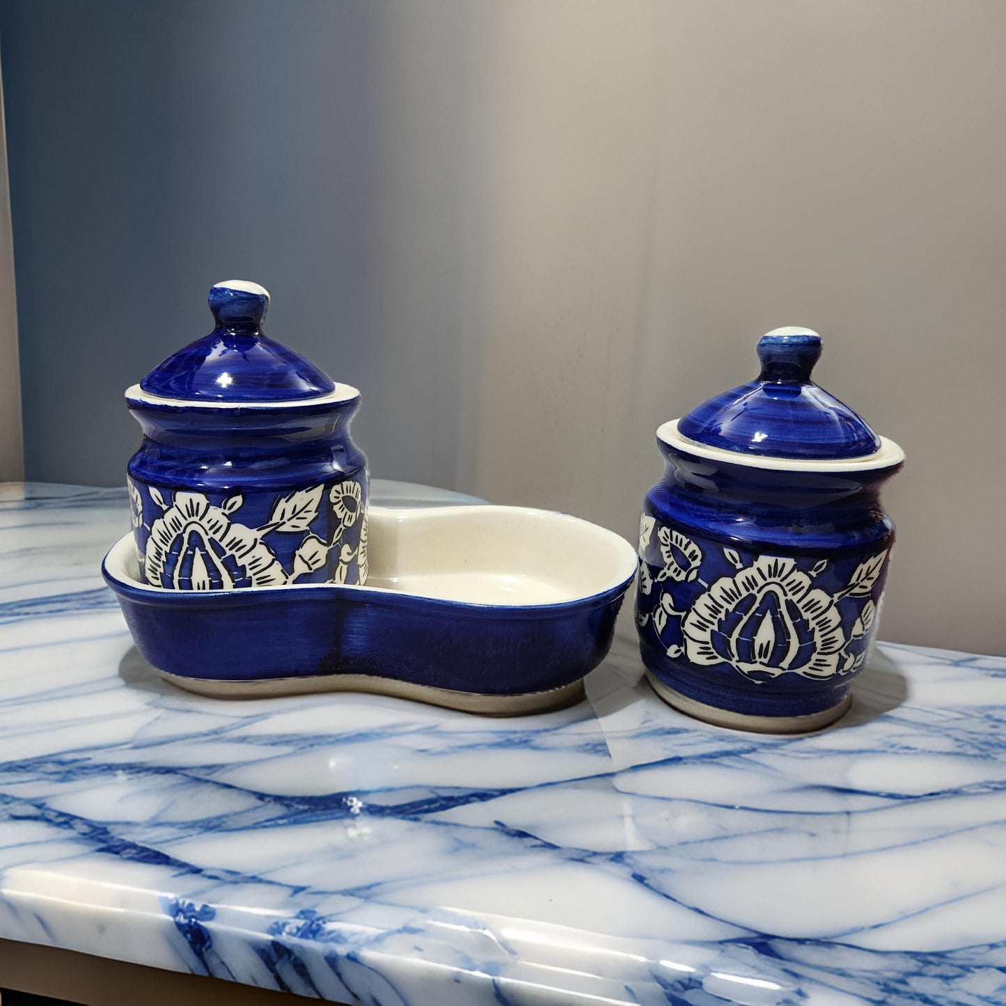 Set of 2 Blue Mughal Ceramic Mini Jars with Wooden Tray – 250g Each