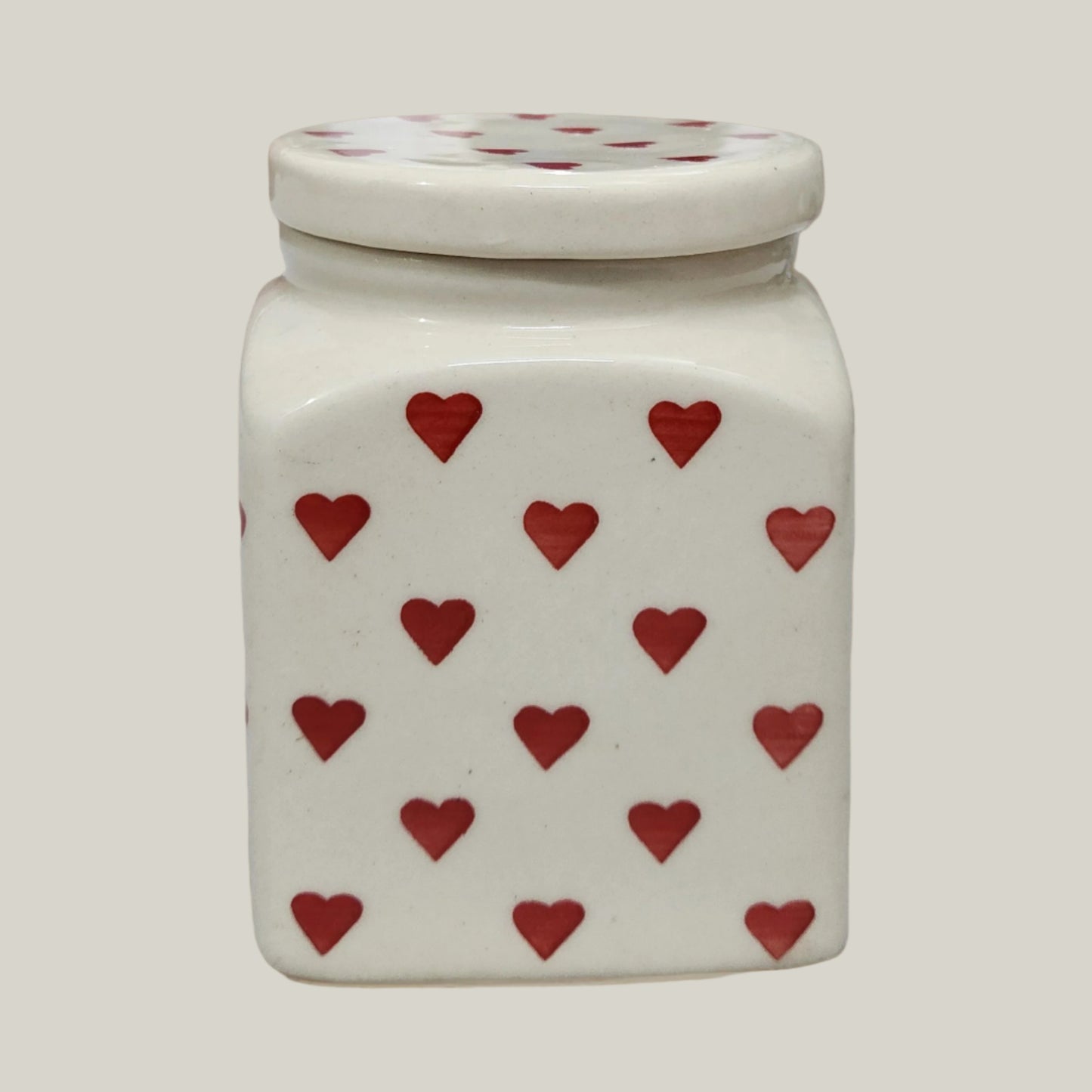 Ceramic airtight storage jar with red heart design and wooden lid, 500ml, for storing tea, coffee, sugar, dry fruits and snacks