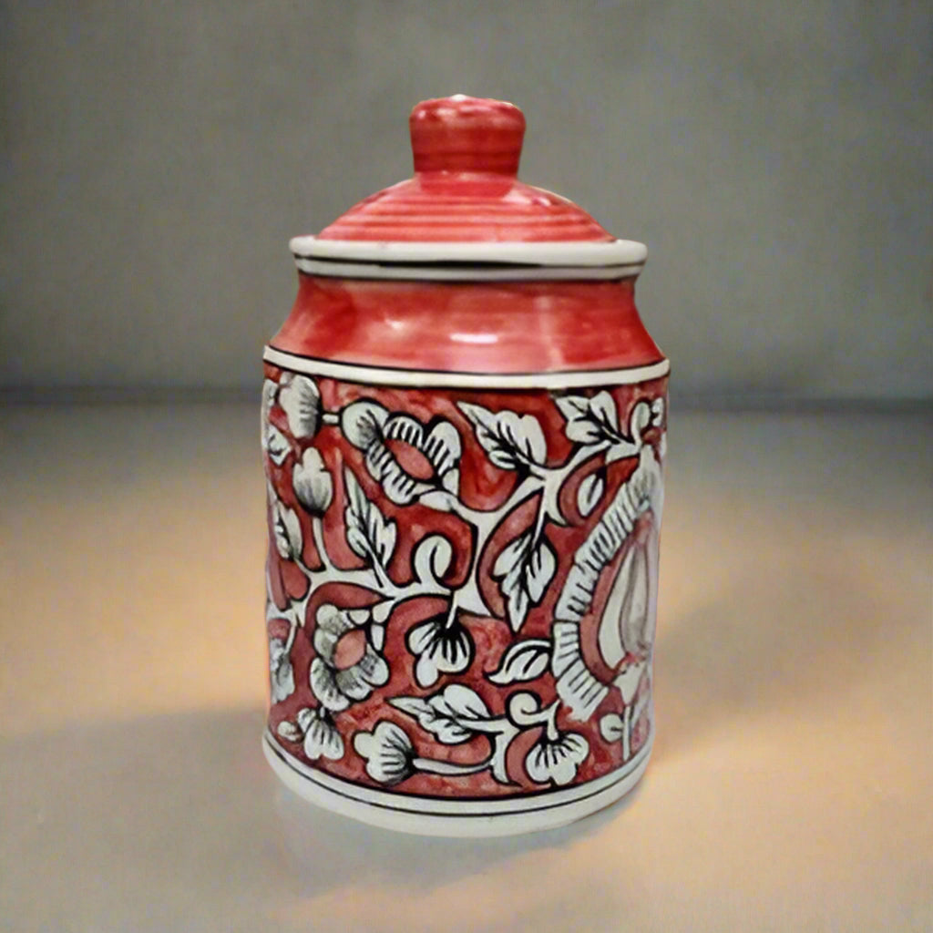 Hand-painted red Mughal ceramic storage jar with airtight wooden lid, 1000ml kitchen container for tea, coffee, or snacks