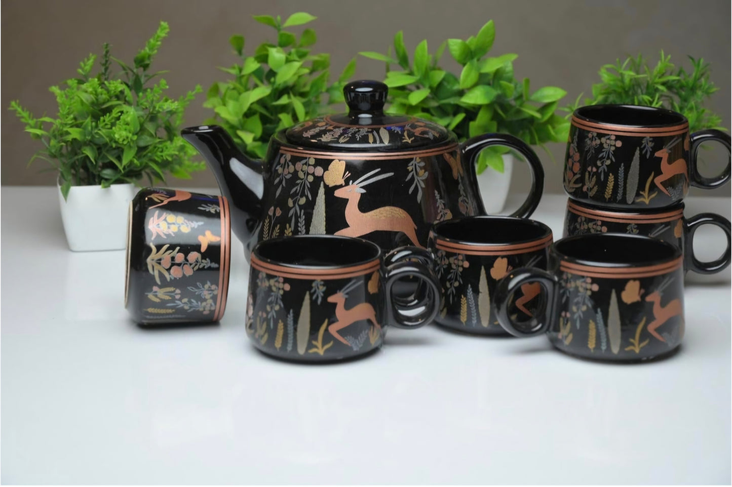 Black deer imprint cups | Elegant Tea kettle With 6 Matching Cups | Gift Ready Packaging