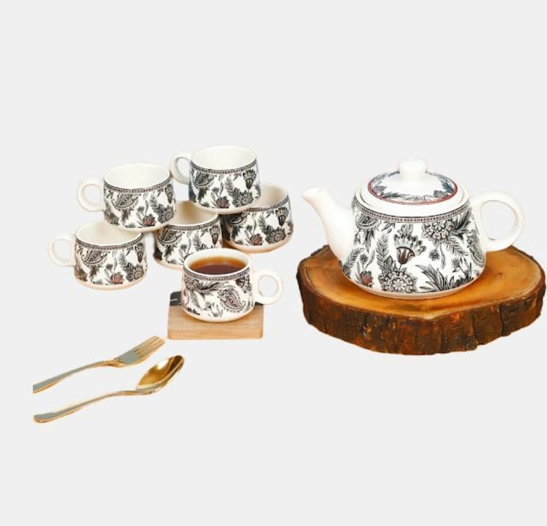 Handcrafted Ceramic Tea Pot & 6 Cup Set | Black White | Gift Ready Packaging