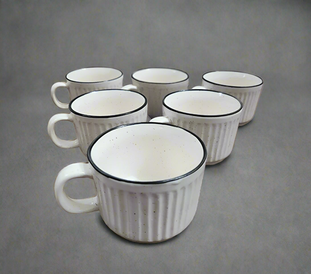 6-piece white striped ceramic tea and coffee cup set, 120ml, displayed on a modern kitchen table