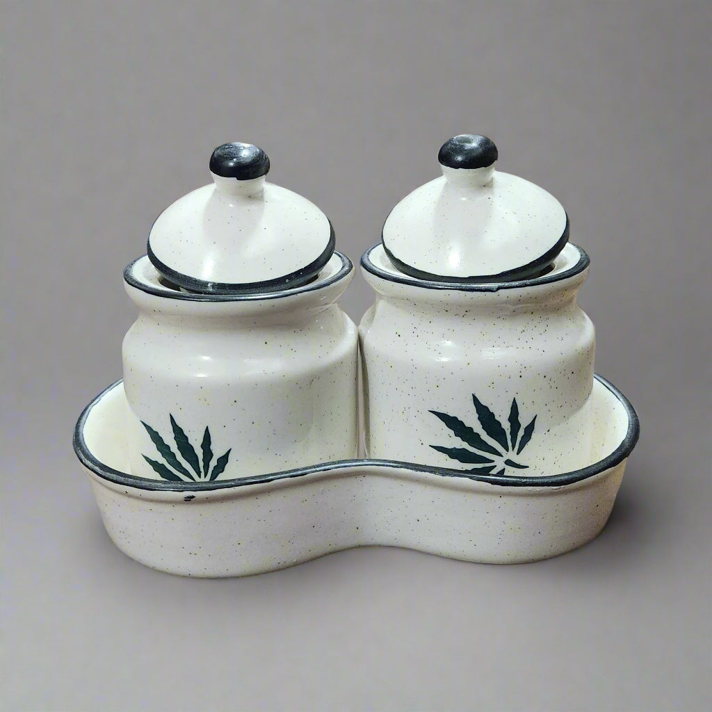 Ceramic white mini jar set with tray, 250g each, for serving and storing pickles, chutneys, spices and sauces on dining table