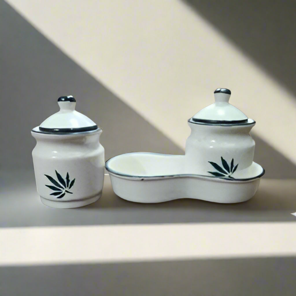 Ceramic white mini jar set with tray, 250g each, for serving and storing pickles, chutneys, spices and sauces on dining table