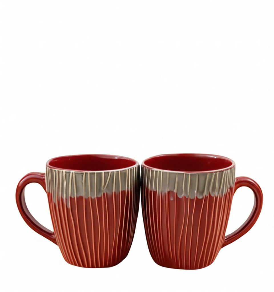 Ceramic Milk/Coffee Mugs (250 ml each) (Maroon Striped)