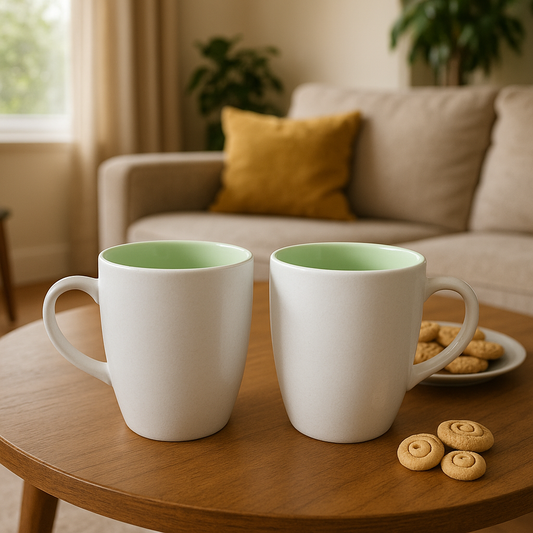Two plain white and green ceramic cups, 250 ml each, ideal for gifting.