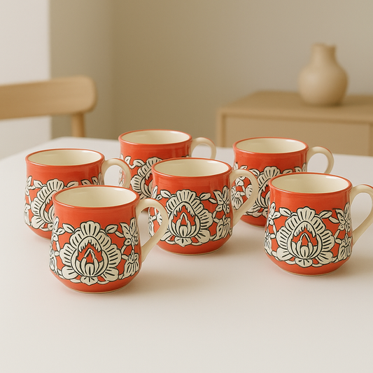 Ceramic Tea & Coffee Cup Set – 6-Piece | Red Mughal