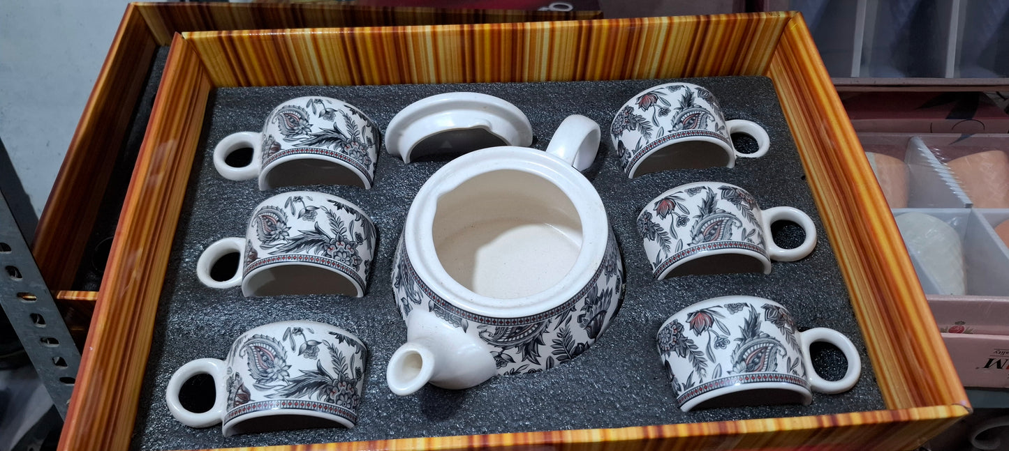 Handcrafted Ceramic Tea Pot & 6 Cup Set | Black White | Gift Ready Packaging