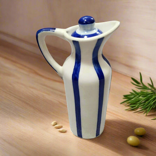 Blue striped ceramic oil dispenser, 300 ml, elegant design for kitchen use