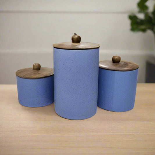 Blue ceramic jar set with airtight wooden lids, 1000ml, 500ml, 300ml, for storing pickles, oils, ghee, sauces and kitchen spices