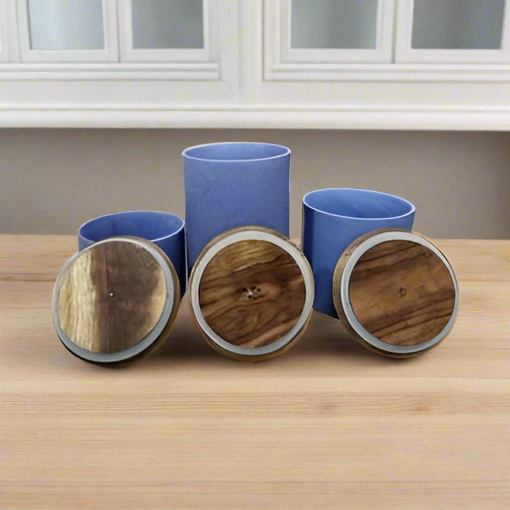 Blue ceramic jar set with airtight wooden lids, 1000ml, 500ml, 300ml, for storing pickles, oils, ghee, sauces and kitchen spices