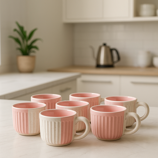 Ceramic Tea and Coffee Cup Set – 6 Piece Pack (125 ml Each) (White-Pink Striped)