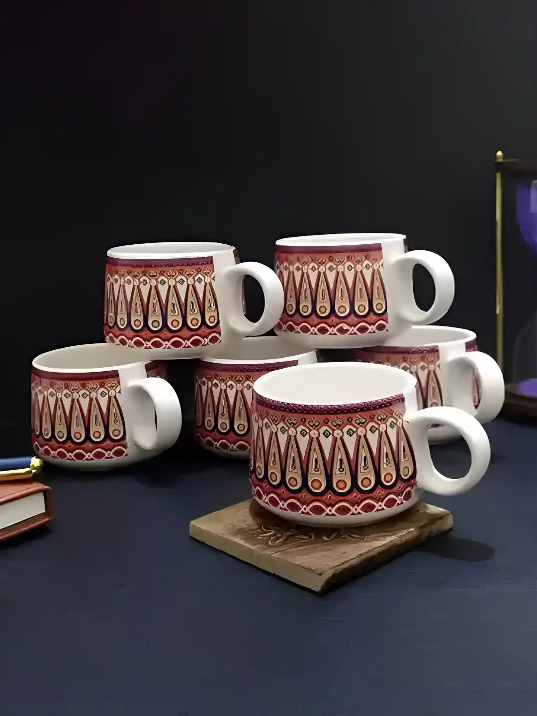 Hand Painted Ceramic Set | 6 Cups & Kettle Pot | Red & White | Gift Ready Packaging