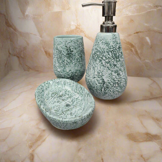 Ceramic Bathroom utility green black imprints Soap dispenser, soap dish and toothrush holder