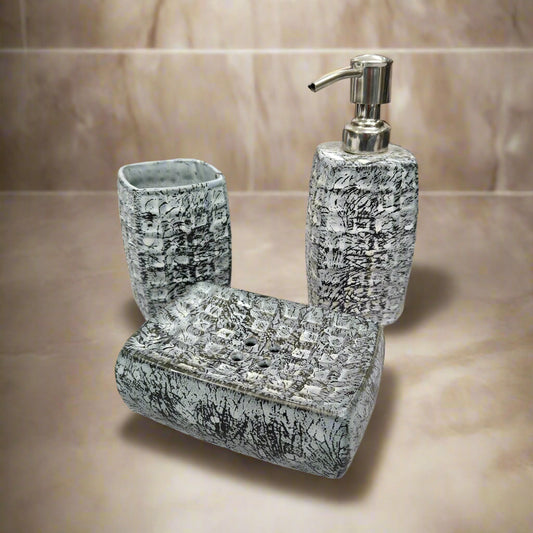 3 Piece Ceramic Set Black Printed | Soap Dispenser, Soap Tray & Toothbrush Holder | Perfect For Gifting