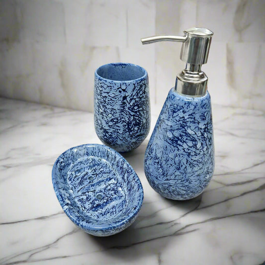 Blue black printed ceramic bathroom set with soap dispenser, toothbrush holder, and bowl