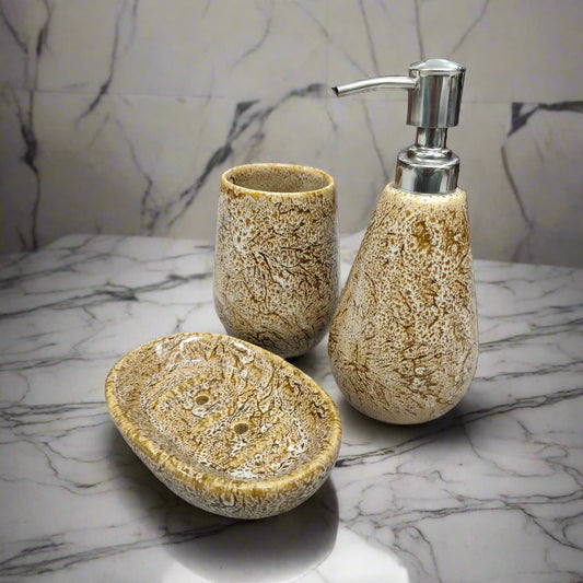 Bathroom set with textured soap dispenser, toothbrush holder , and soap tray