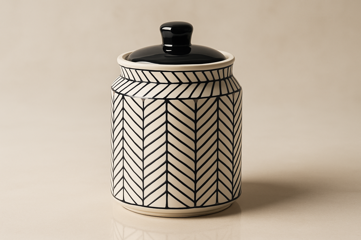 Black and white ceramic jar with geometric herringbone pattern and black lid, ideal for kitchen storage or home décor