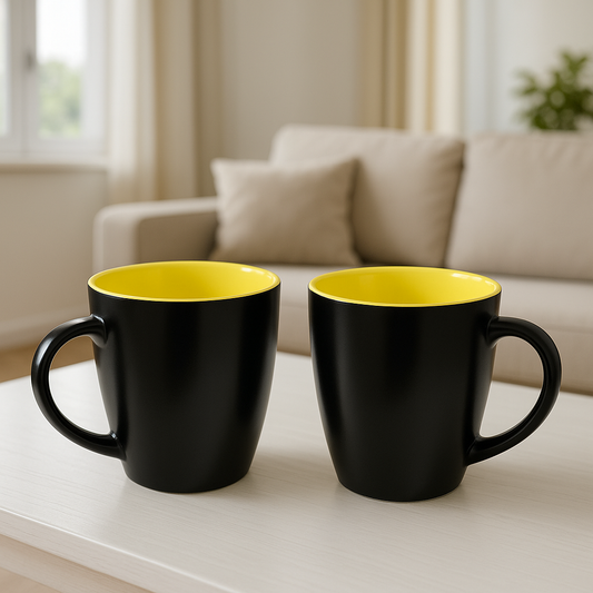 Ceramic Milk Mug/Coffee Mugs Set (250 ml Each) – Black-Yellow Matte