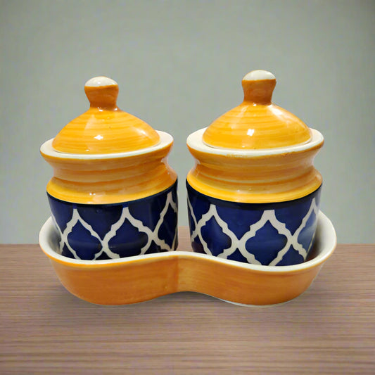Ceramic mini jar set with lids, spoons, and tray, pack of 2 (250g each), for serving pickles, chutneys, spices and condiments