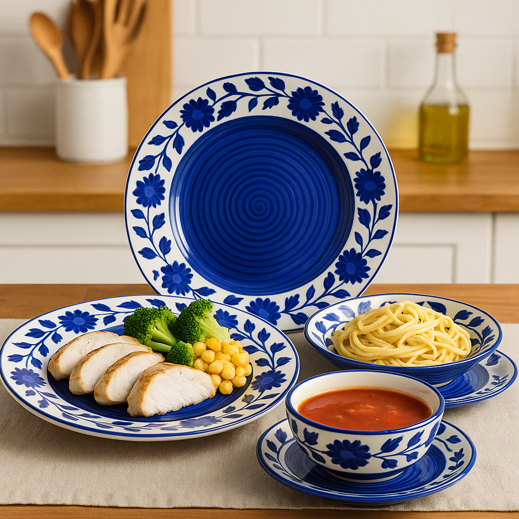 Blue and white ceramic plates and bowls with floral patterns on a kitchen counter.